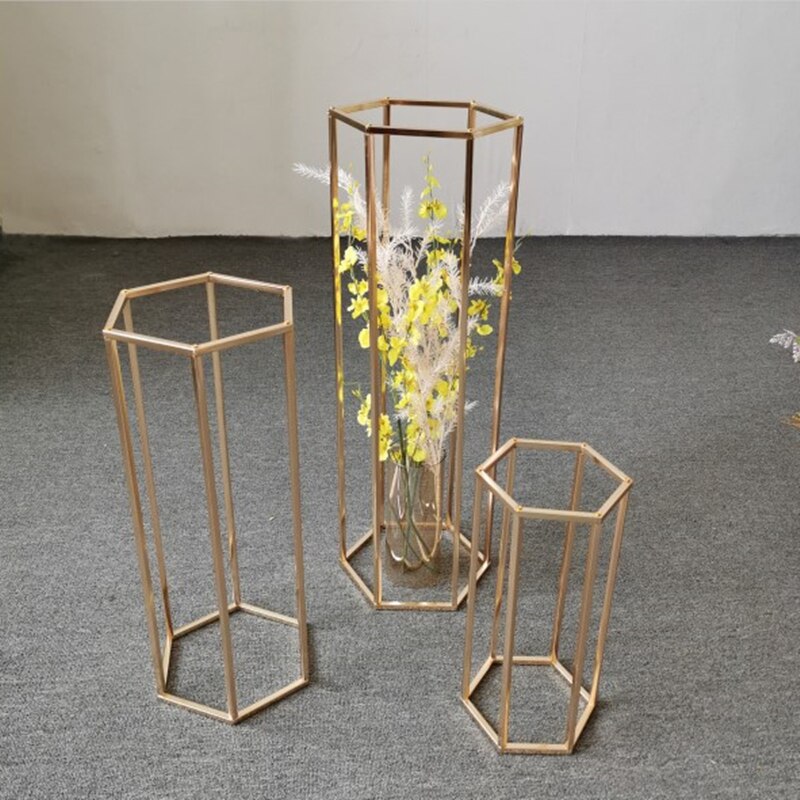 10PCS New Hexagon Wedding Column Gold Floor Vases Table Centerpiece Flower Vase Floral Arrangement Pillar Gold Props Decoration