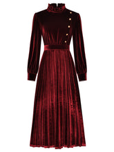 Load image into Gallery viewer, Women autumn winter velvet dress ruffles stand collar long sleeve button front new 2019 mid-calf pleated Xmas dresses red green