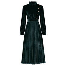Load image into Gallery viewer, Women autumn winter velvet dress ruffles stand collar long sleeve button front new 2019 mid-calf pleated Xmas dresses red green