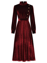 Load image into Gallery viewer, Women autumn winter velvet dress ruffles stand collar long sleeve button front new 2019 mid-calf pleated Xmas dresses red green